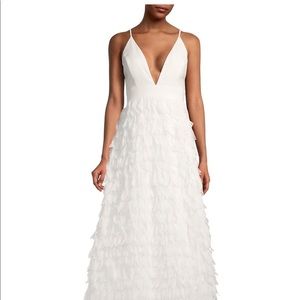 Aidan by Aidan Maddox, plunging tiered feathered gown